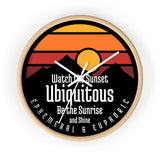Ubiquitous Sunset Wall Clock — Retro Mountain Sunrise Typography