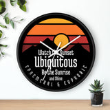 Ubiquitous Sunset Wall Clock — Retro Mountain Sunrise Typography