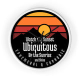Ubiquitous Sunset Wall Clock — Retro Mountain Sunrise Typography