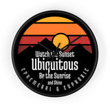 Ubiquitous Sunset Wall Clock — Retro Mountain Sunrise Typography