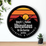 Ubiquitous Sunset Wall Clock — Retro Mountain Sunrise Typography