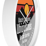 Ubiquitous Sunset Wall Clock — Retro Mountain Sunrise Typography