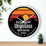 Ubiquitous Sunset Wall Clock — Retro Mountain Sunrise Typography