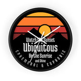Ubiquitous Sunset Wall Clock — Retro Mountain Sunrise Typography
