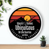 Ubiquitous Sunset Wall Clock — Retro Mountain Sunrise Typography