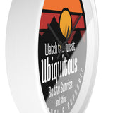 Ubiquitous Sunset Wall Clock — Retro Mountain Sunrise Typography