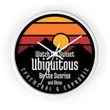Ubiquitous Sunset Wall Clock — Retro Mountain Sunrise Typography